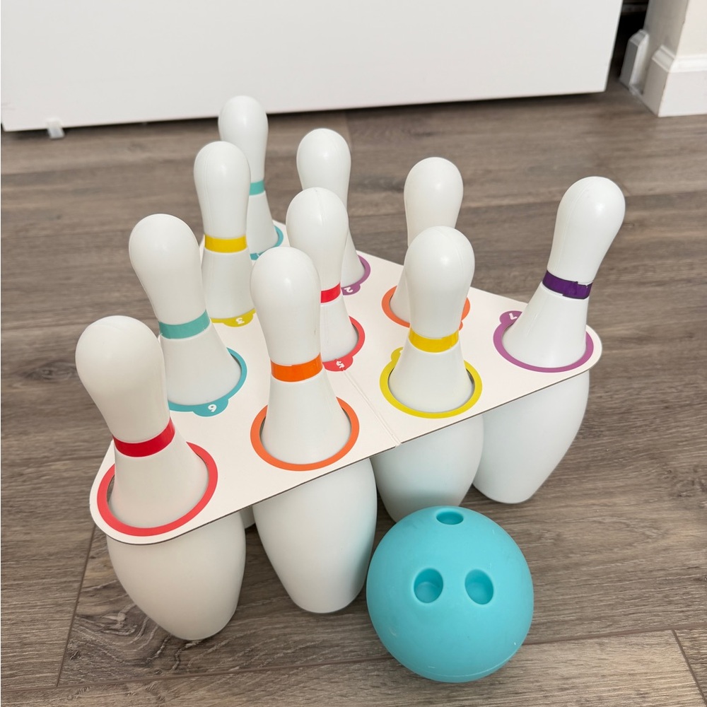 Kids Mini Bowling Set with Light Blue Ball - Colorful White Pins